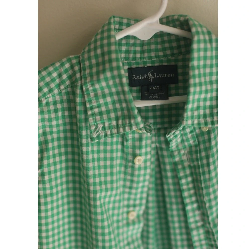Ralph Lauren Boys Green Gingham Short Sleeve Button Down Shirt 4T Pink Pony